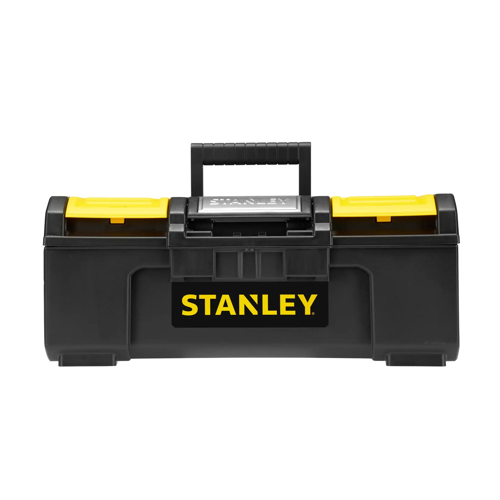 STANLEY 1-79-216 cassetta degli attrezzi in plastica nera e gialla, vista frontale su sfondo bianco.