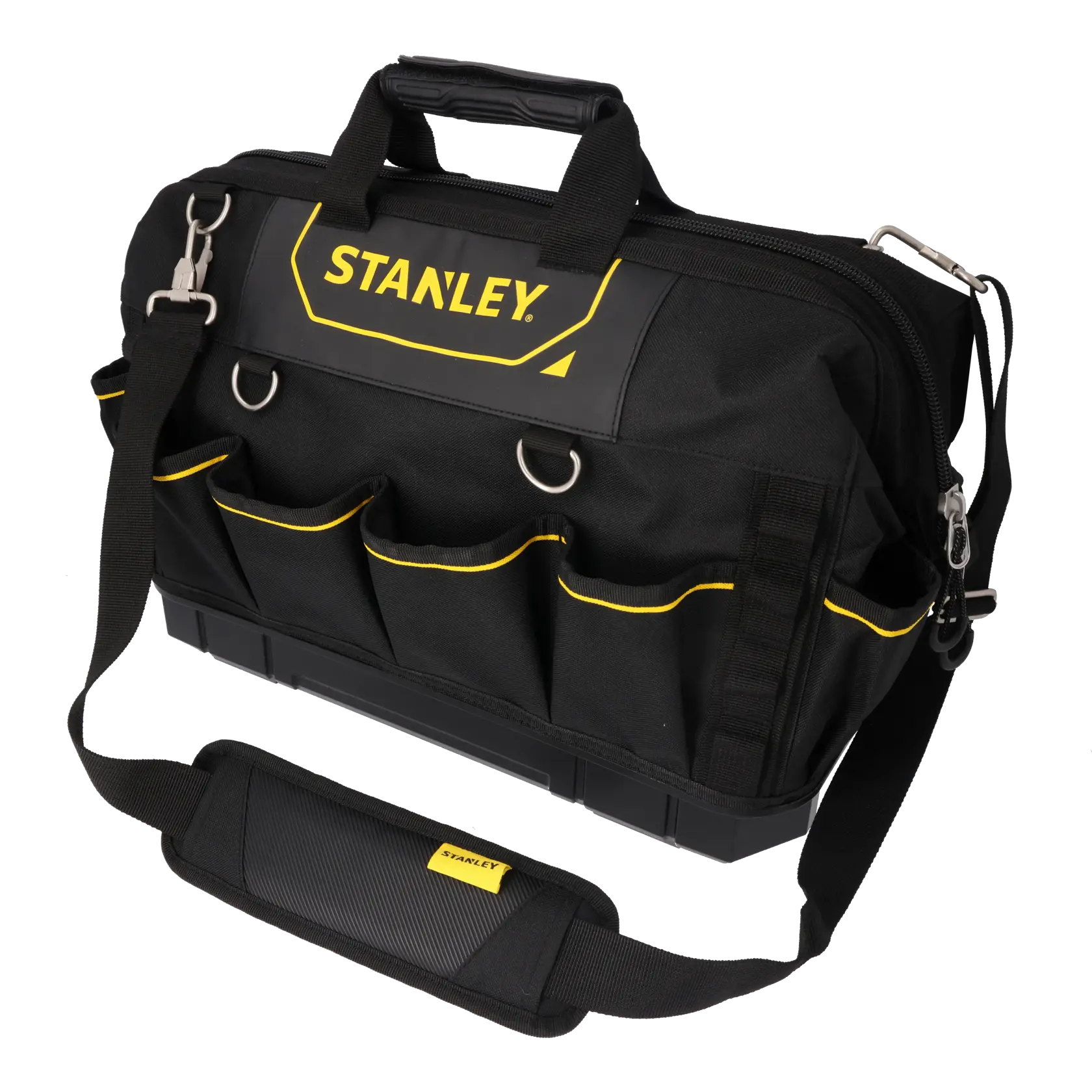STANLEY 1-93-950 borsa portautensili in tessuto nero e giallo, tasche frontali multiple, vista frontale.