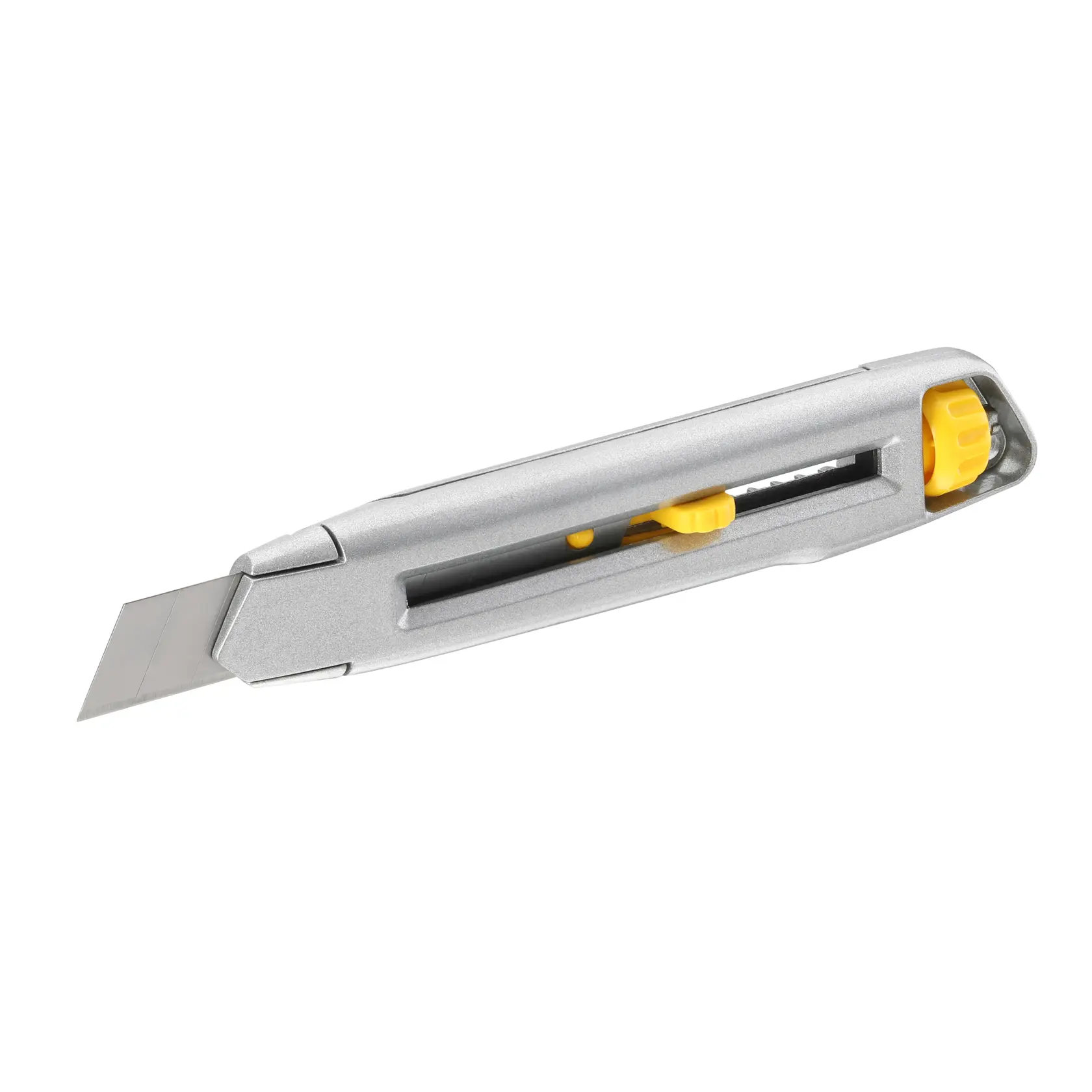Taglierino STANLEY 0-10-018 con corpo argento e cursore giallo, vista laterale, sfondo bianco.