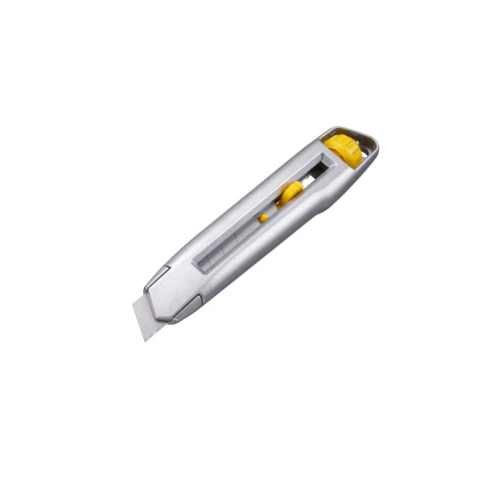Coltello STANLEY 0-10-018 con corpo argento e giallo, vista angolata su sfondo bianco.