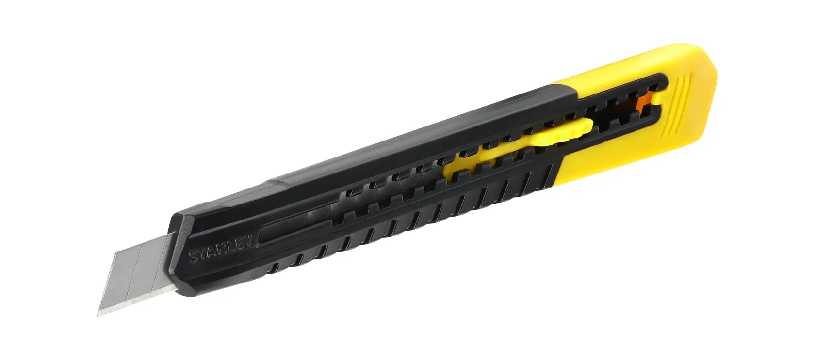Coltello multiuso STANLEY 0-10-150 con corpo giallo e nero, vista laterale su sfondo bianco.