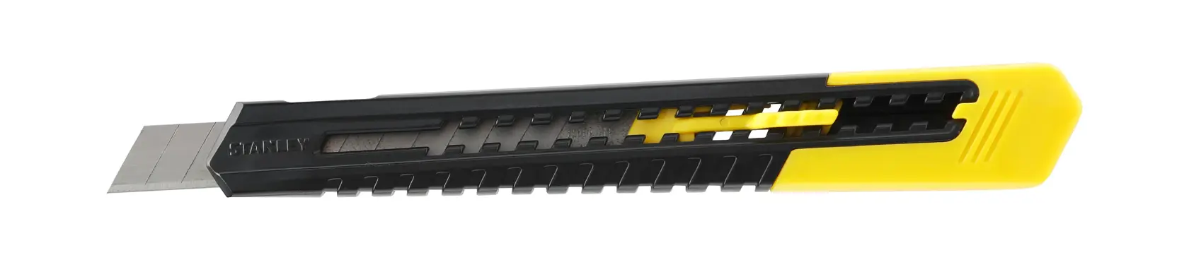 STANLEY 0-10-150 taglierino nero e giallo con lama segmentata, vista laterale, sfondo bianco.