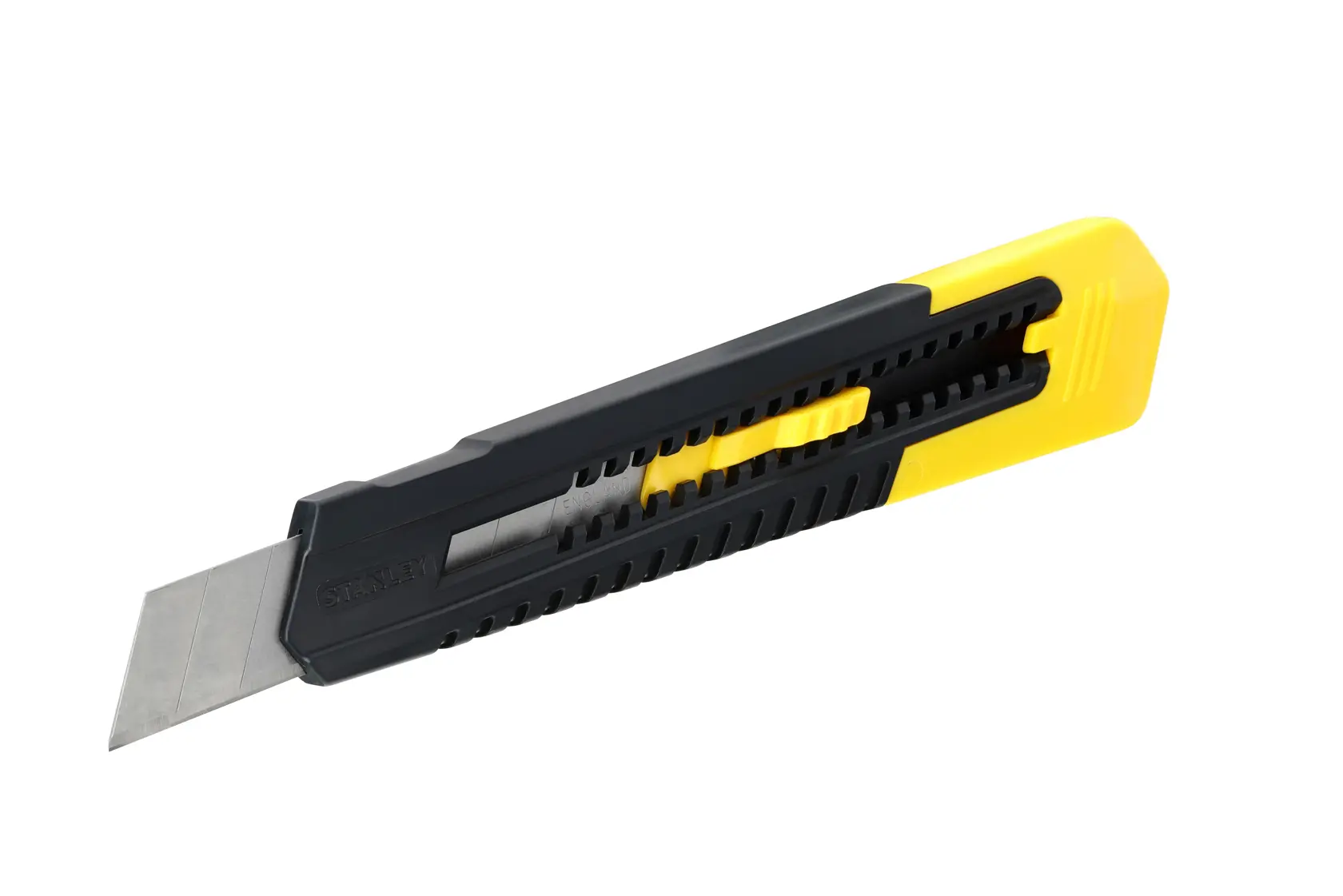 Taglierino STANLEY 0-10-151 con manico nero e giallo, angolo laterale, sfondo bianco.