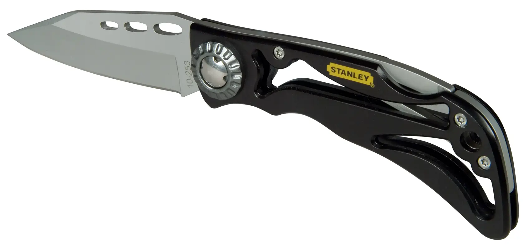 Coltello pieghevole STANLEY 0-10-253 con manico nero parzialmente aperto e lama argentata, vista laterale destra.