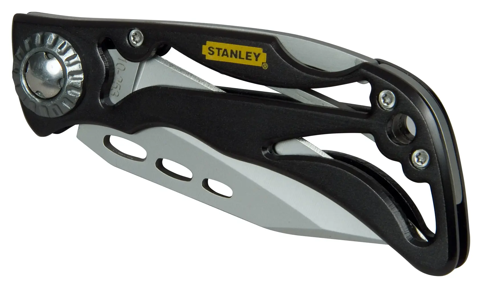 Fotografia del coltello pieghevole STANLEY 0-10-253 con manico nero e argento, chiuso, su sfondo bianco.