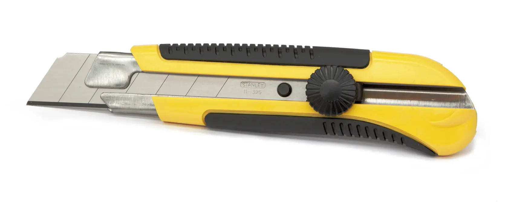 Taglierino STANLEY 0-10-425 con manico giallo e nero, vista laterale su sfondo bianco.