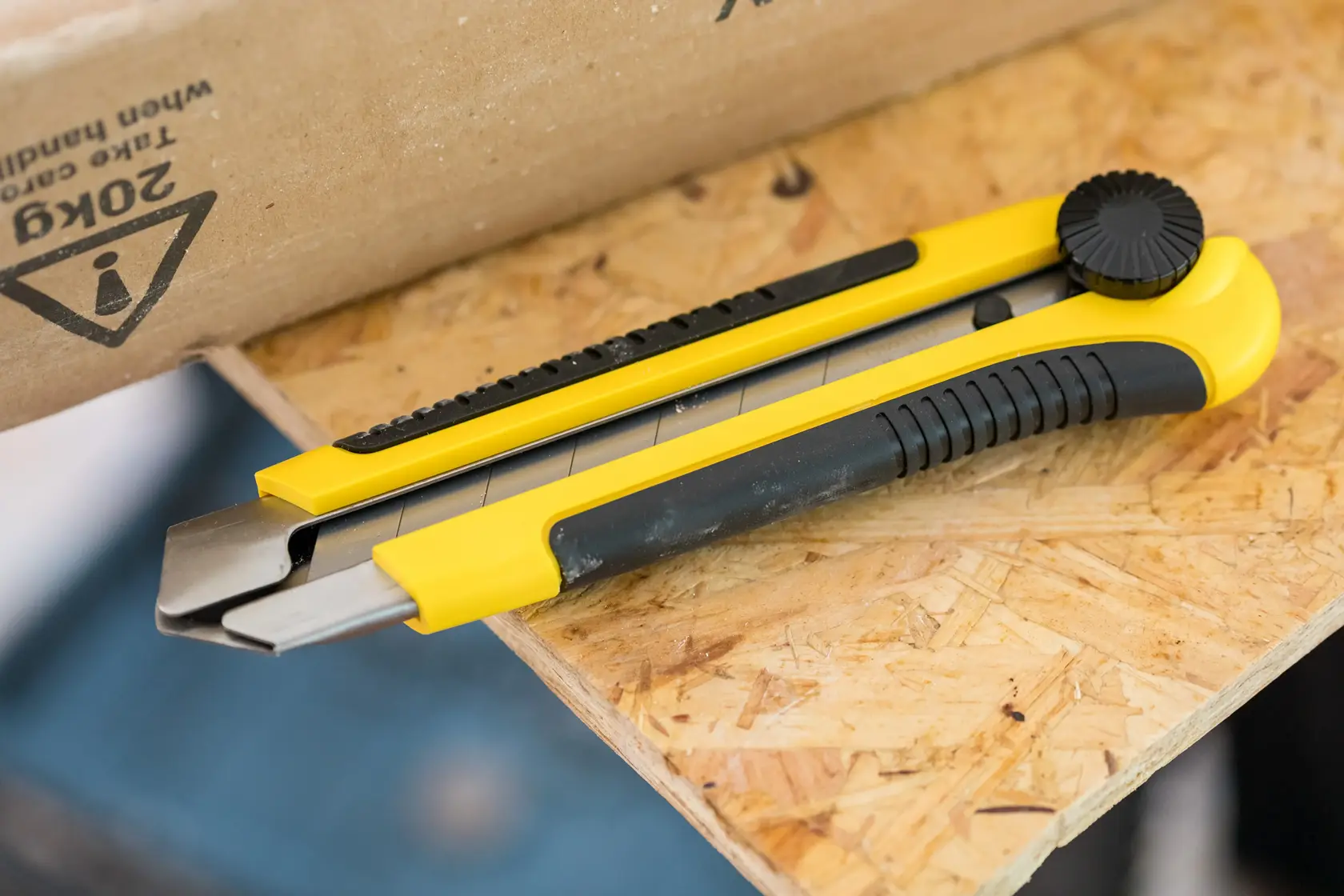 STANLEY 0-10-425 taglierino con manico giallo e nero, fotografia su superficie di legno.