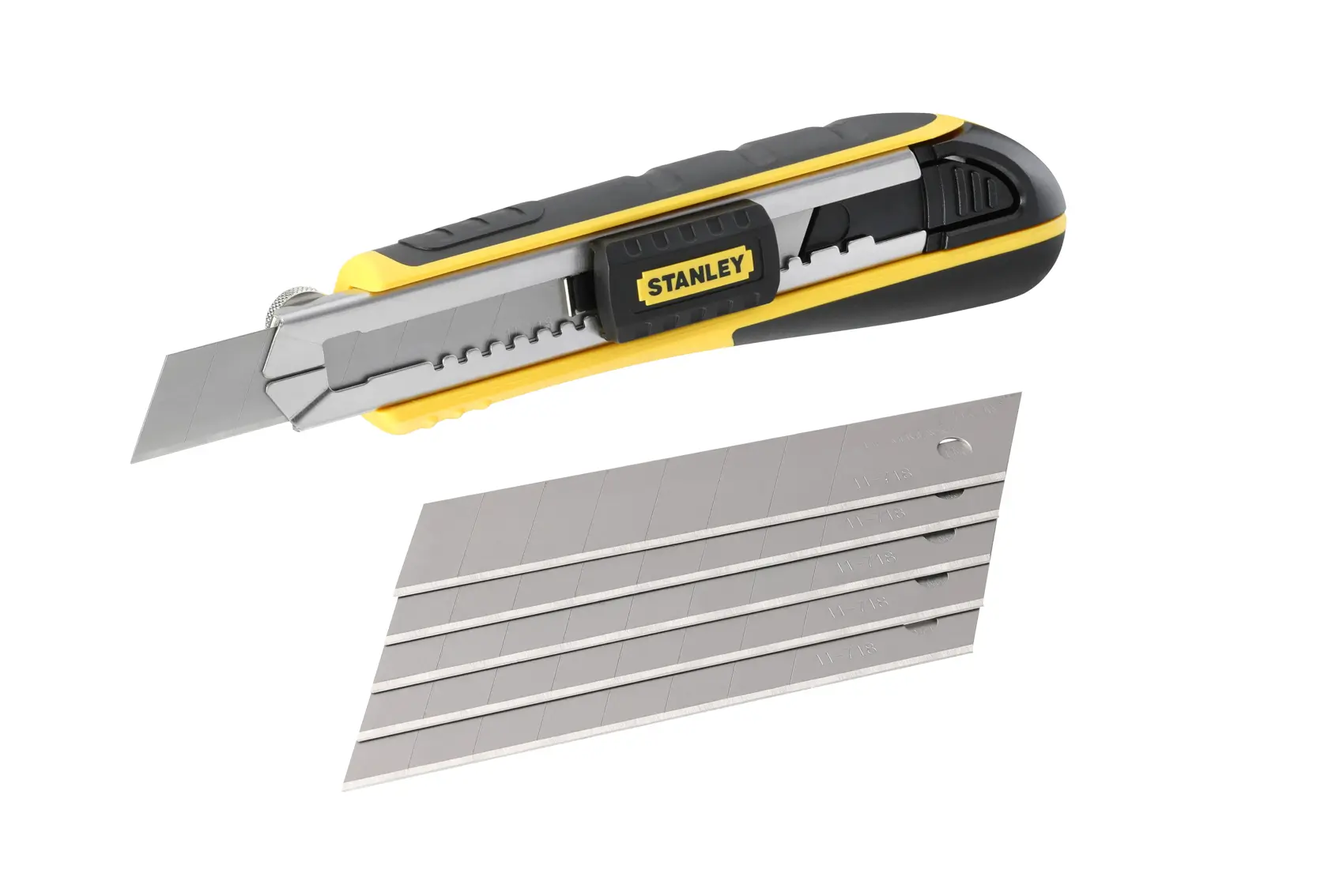 STANLEY 0-10-481 taglierino con lama segmentata e lame extra, angolazione laterale su sfondo bianco.