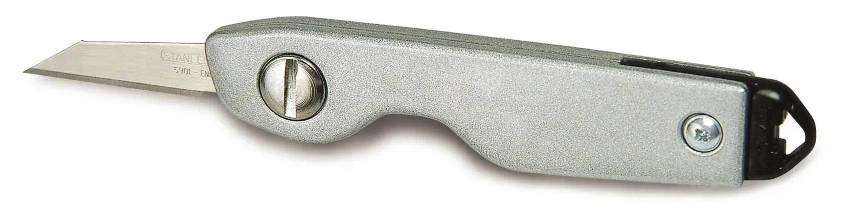 STANLEY 0-10-598 coltello universale pieghevole argento, vista laterale, su sfondo bianco.