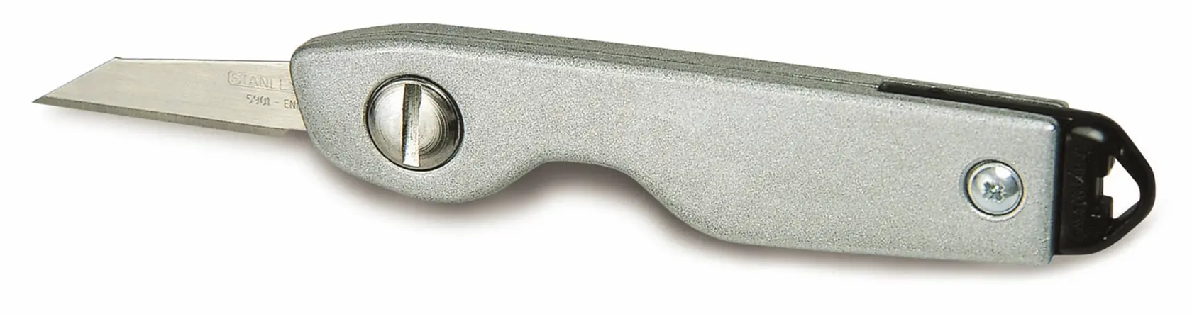 Foto del coltello multiuso argento STANLEY 0-10-598, vista laterale, manico e lama dritta.