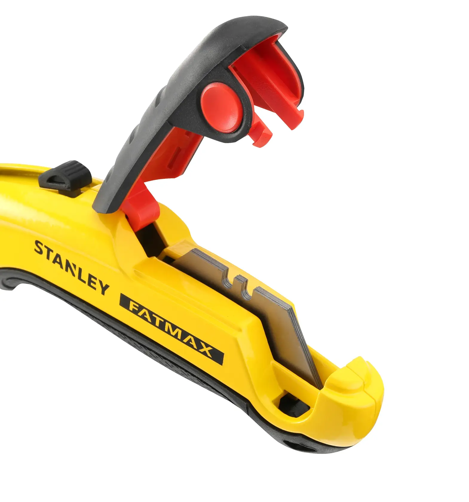 STANLEY 0-10-778 coltello multiuso giallo e nero, FATMAX, vista laterale, vano lama aperto