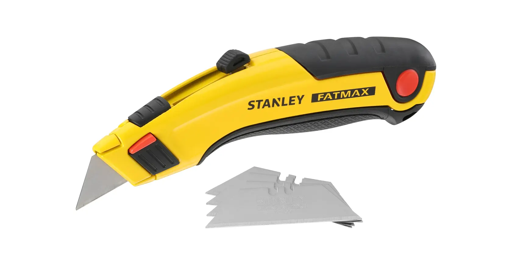 Taglierino STANLEY 0-10-778 FatMax manico giallo e nero, con lame di ricambio, angolo laterale, sfondo bianco.