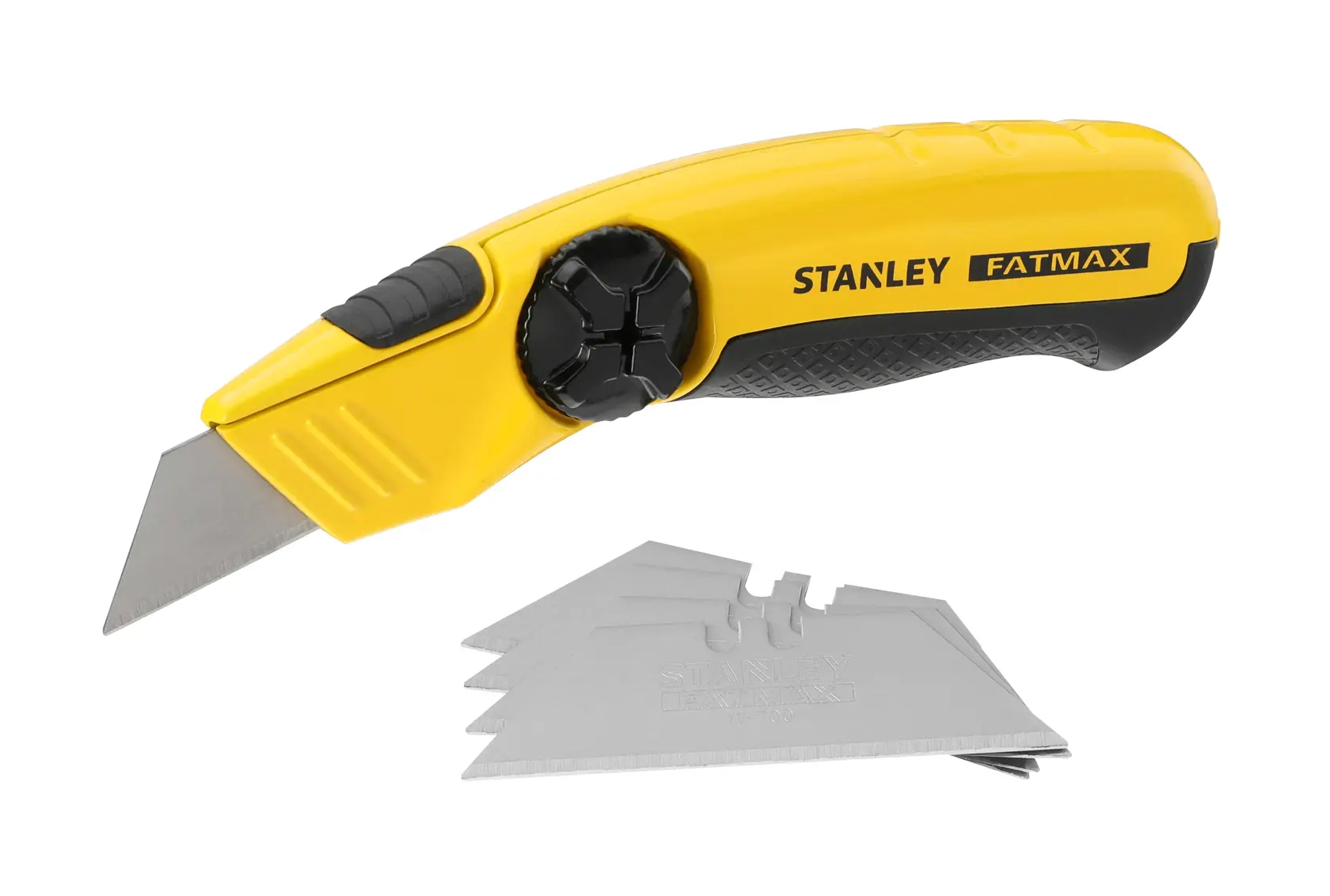 STANLEY 0-10-780 coltello multiuso pieghevole con manico giallo e lame di ricambio, fotografia prodotto, vista angolata.