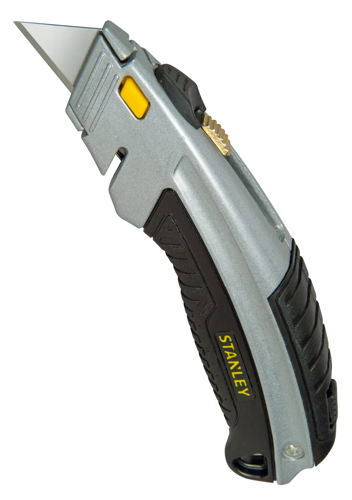 STANLEY 0-10-788 taglierino, argento e nero, angolo laterale su sfondo bianco.