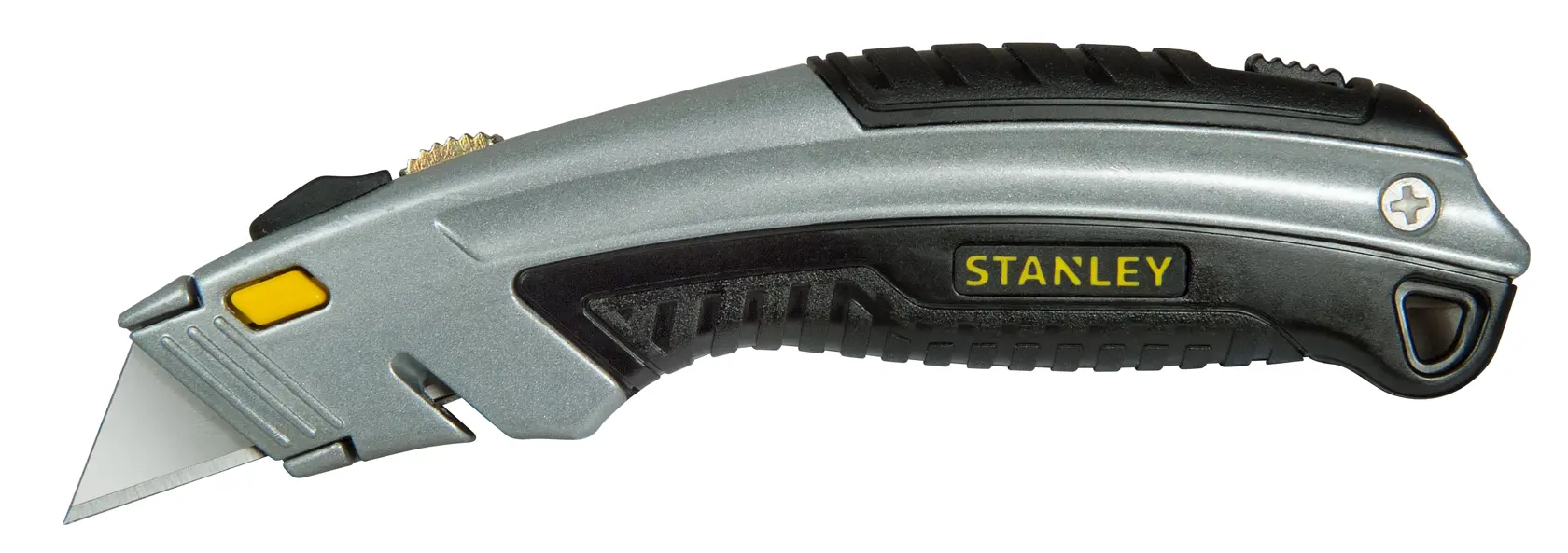 Taglierino STANLEY 0-10-788 con manico ergonomico nero e argento, vista laterale sinistra su sfondo bianco.