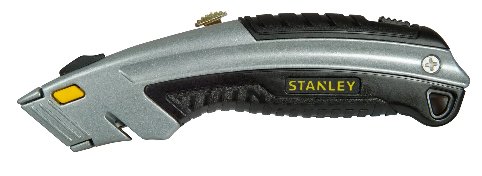 STANLEY 0-10-788 coltello multiuso argento e nero, vista laterale, con impugnatura ergonomica, fotografia su sfondo bianco.