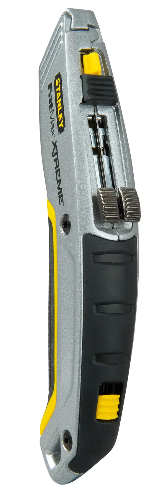 STANLEY 0-10-789 taglierino, argento e nero, angolo laterale, impugnatura ergonomica e vano per lame.