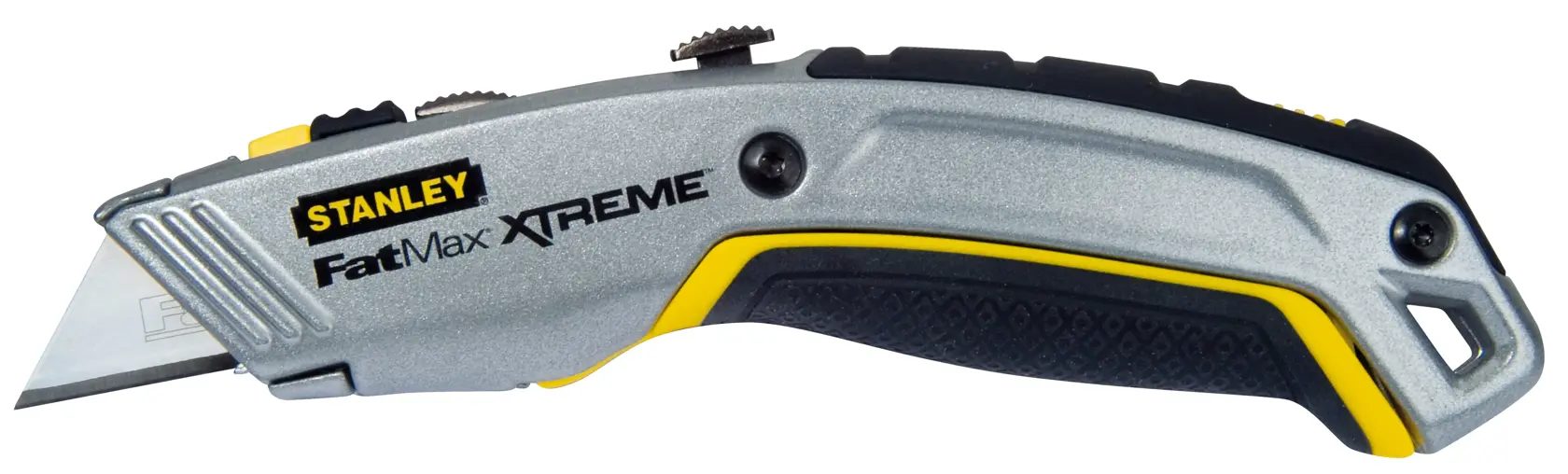 Taglierino STANLEY 0-10-789, modello FatMax Xtreme, manico argento e nero, vista laterale sinistra.