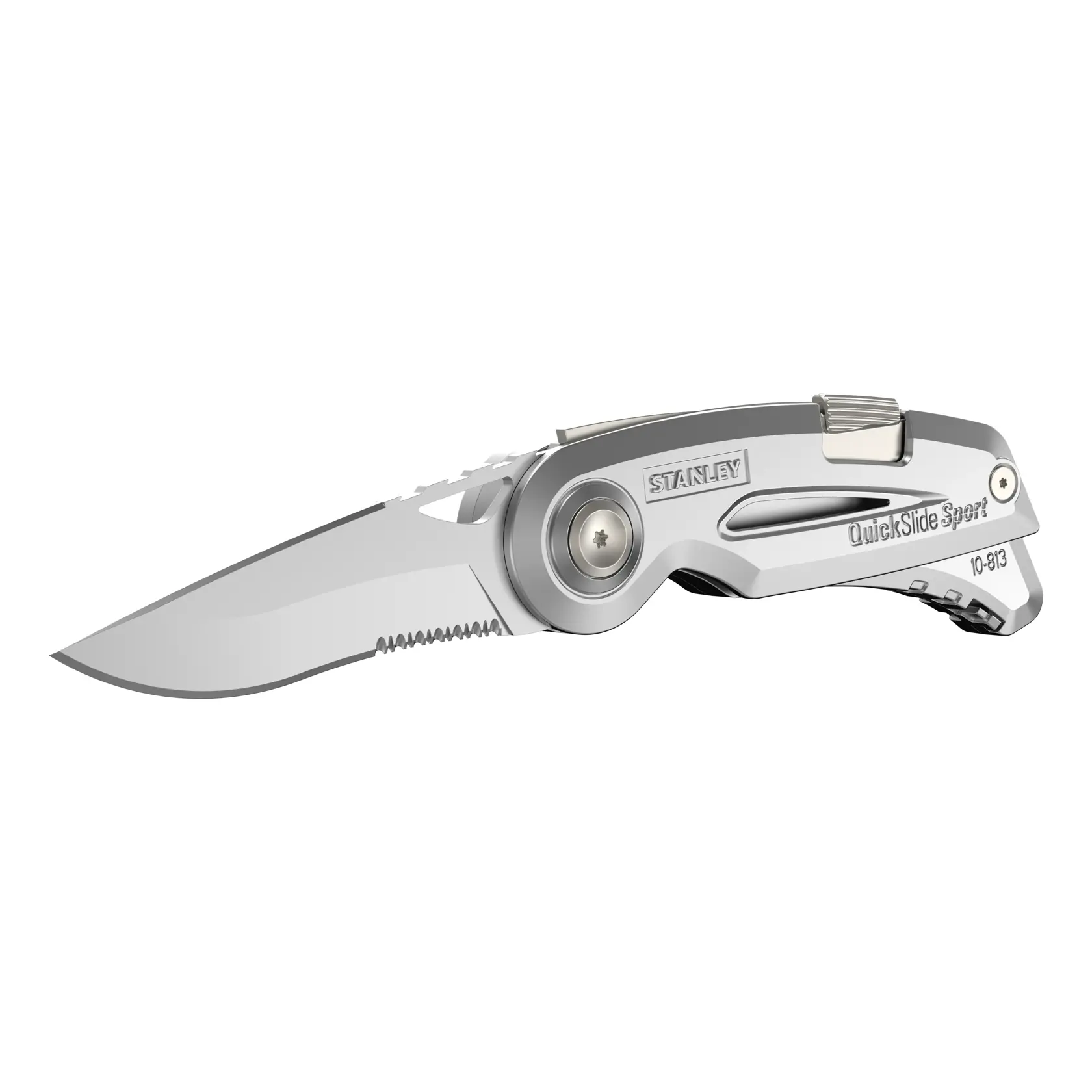 Foto del coltello pieghevole STANLEY 0-10-813 con lama argentata parzialmente seghettata e manico grigio, vista laterale.
