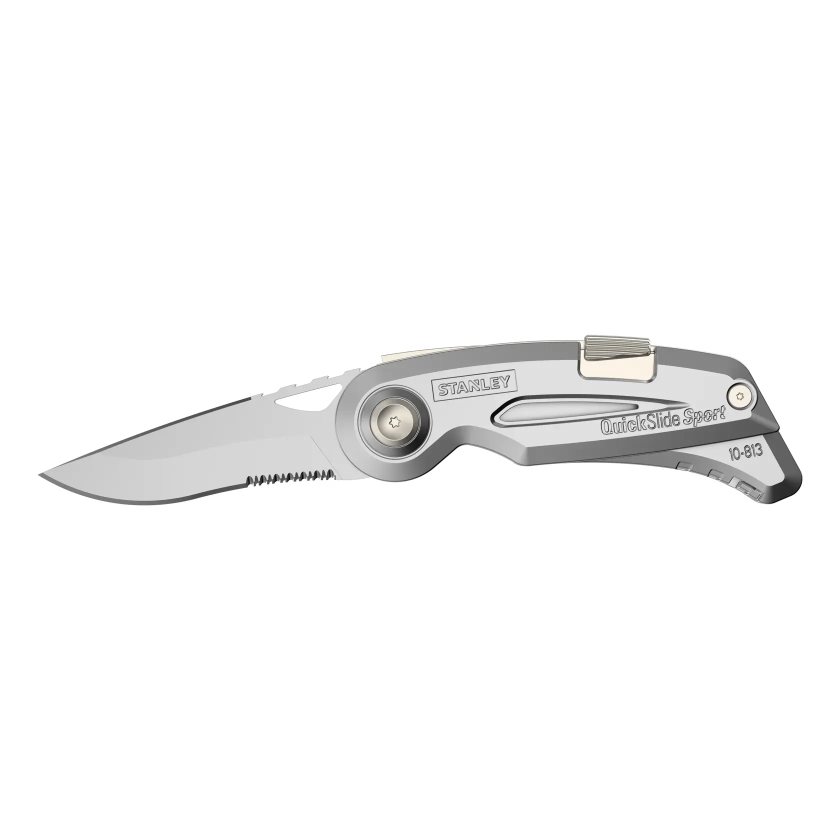 Foto del coltello pieghevole STANLEY 0-10-813, metallo grigio, vista laterale su sfondo bianco.