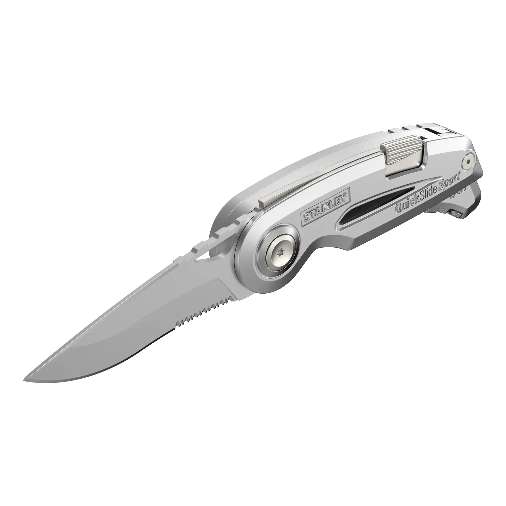 Coltello universale pieghevole STANLEY 0-10-813, finitura metallica, chiuso, angolo sinistro su sfondo bianco.