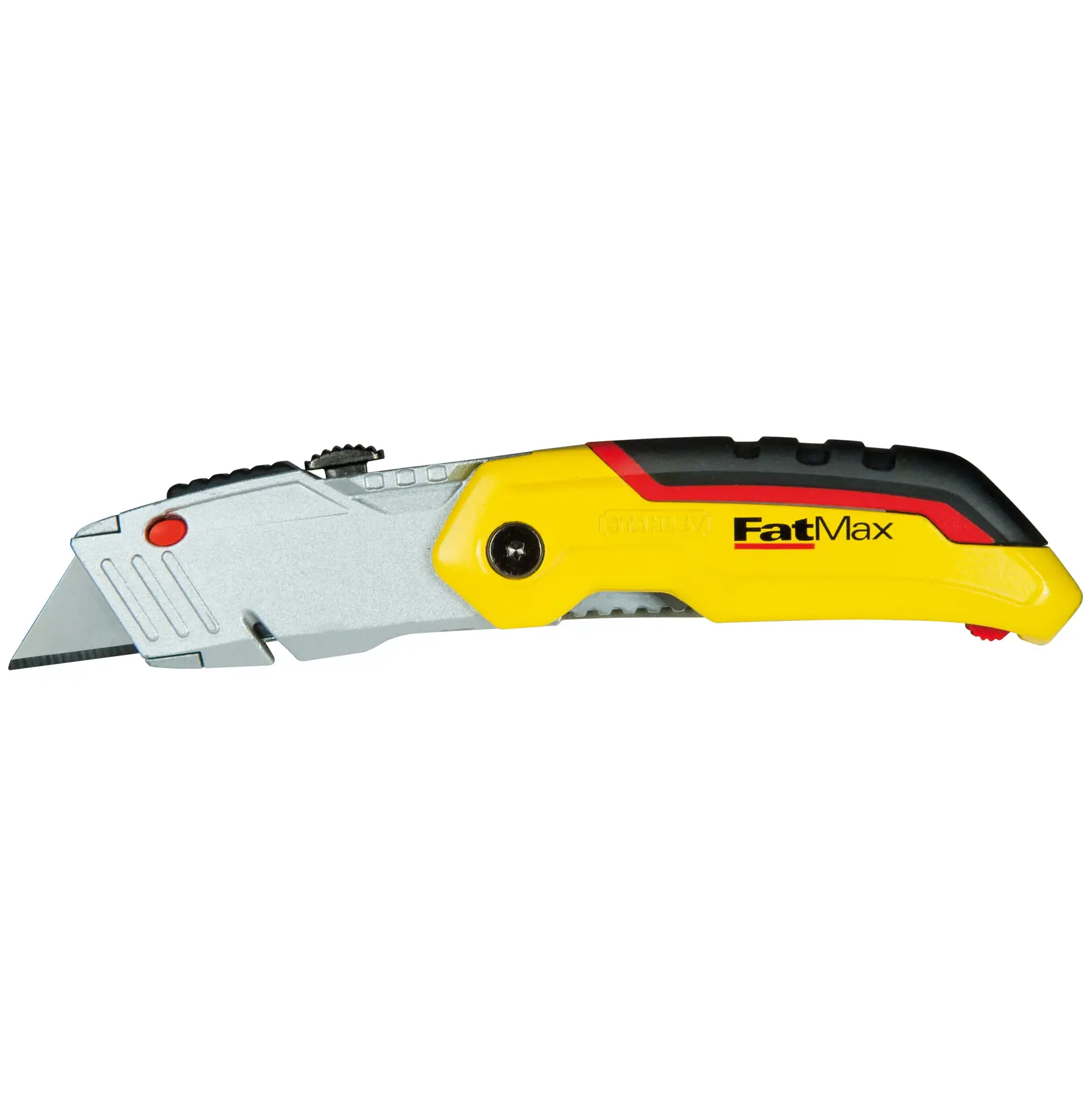 Coltello multiuso STANLEY 0-10-825, giallo e nero con lama argentata, vista laterale, logo FatMax sul manico.