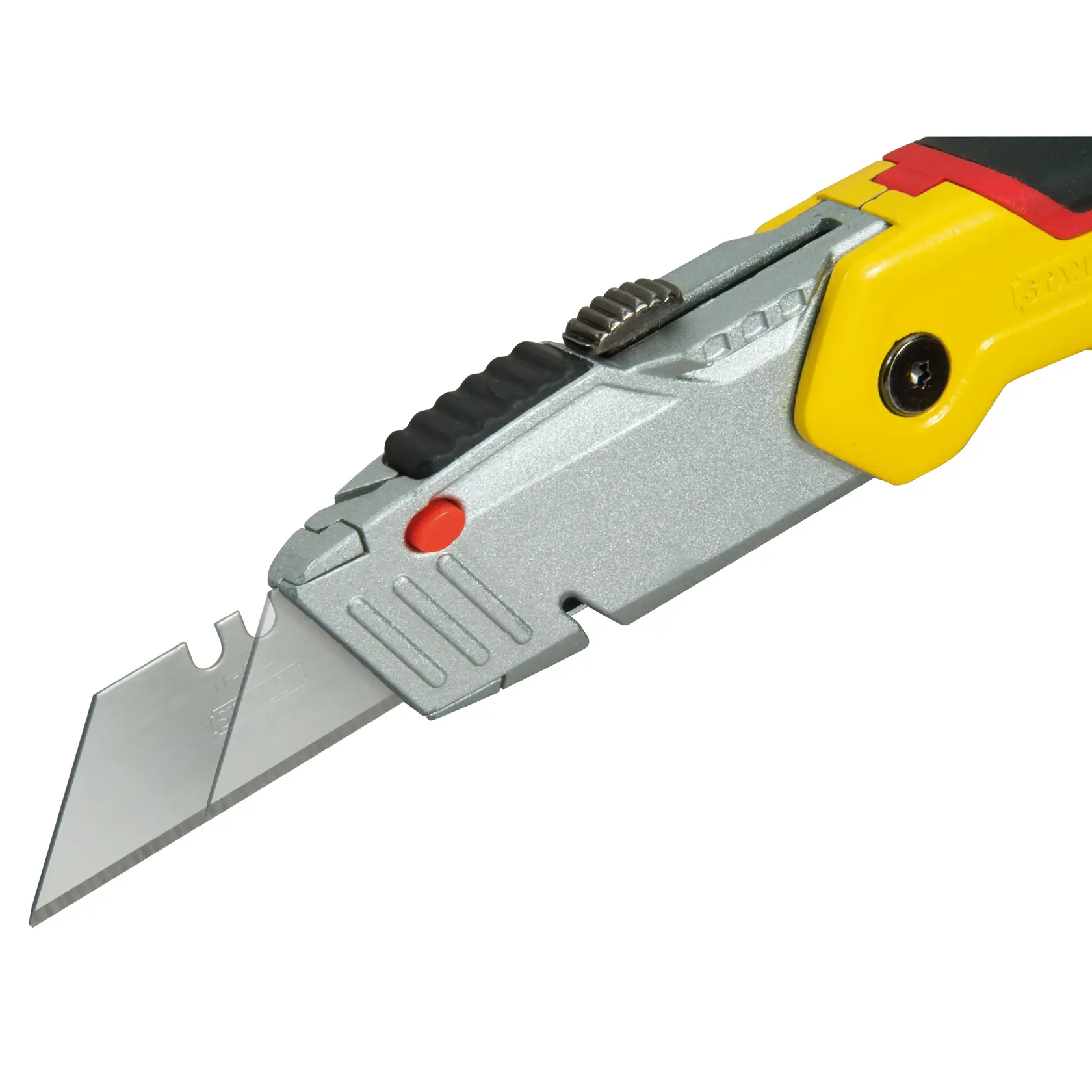 Taglierino STANLEY 0-10-825 con corpo in metallo, lama retrattile e dettagli gialli, vista laterale.