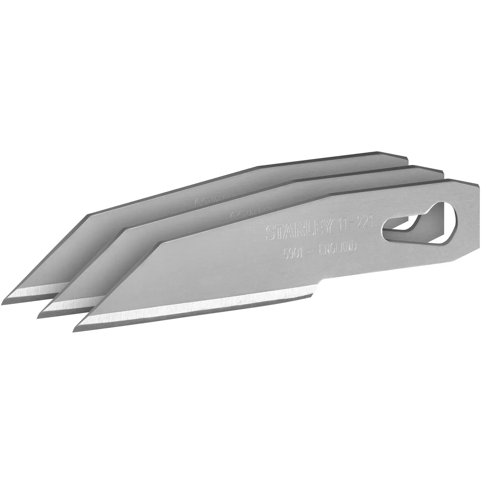 STANLEY 0-11-221 lame per cutter, confezione da tre, argento, bordo dritto, fotografia, vista laterale, sfondo bianco.