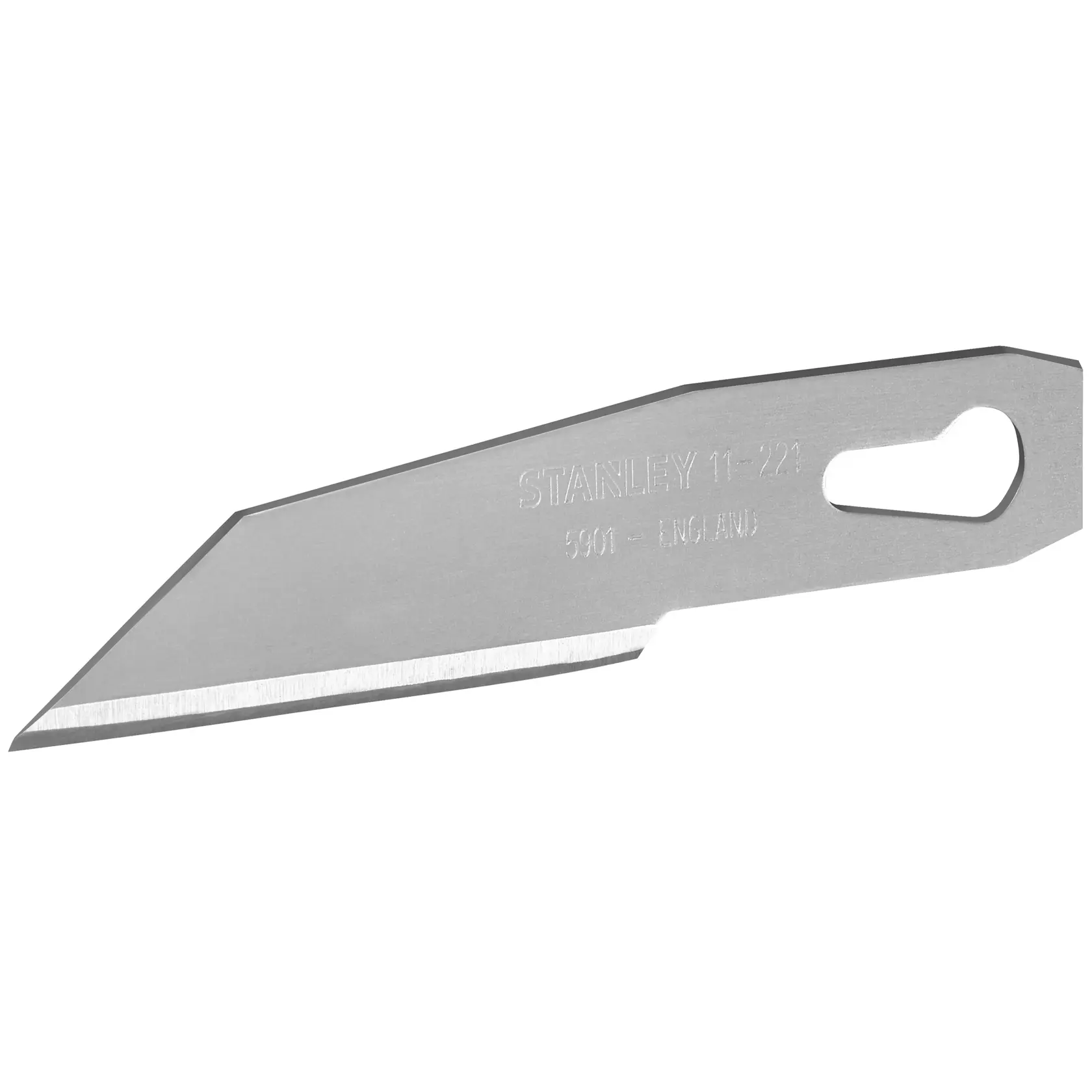 Lama di ricambio argento STANLEY 0-11-221 per cutter, bordo dritto, primo piano su sfondo bianco.