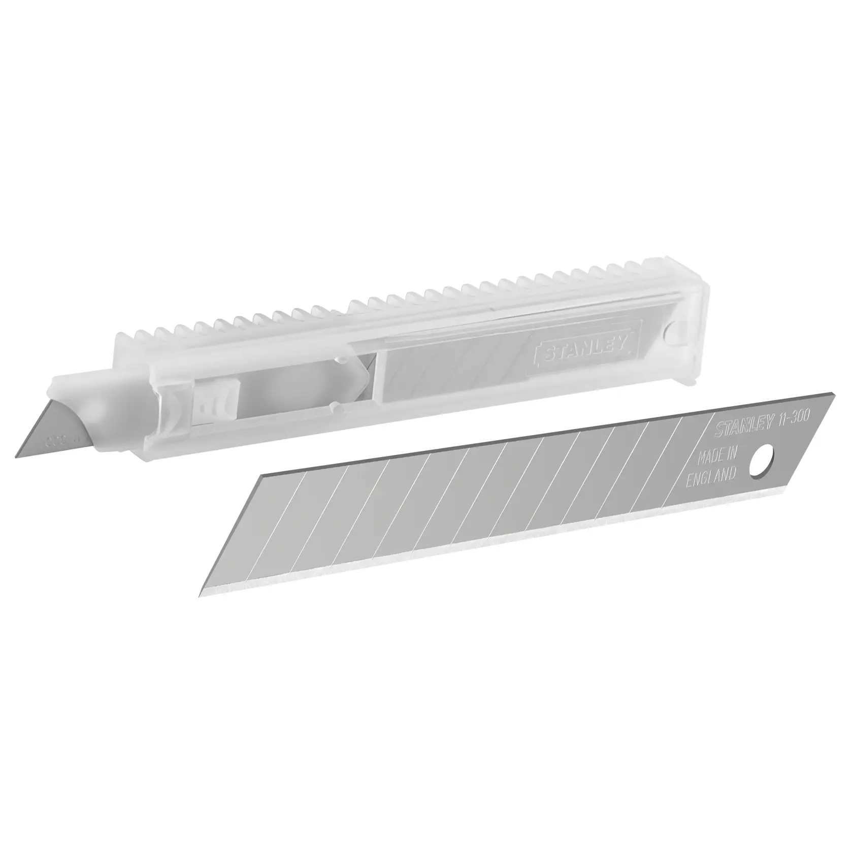 Lama segmentata per cutter STANLEY 0-11-300 con custodia trasparente in plastica, vista laterale.
