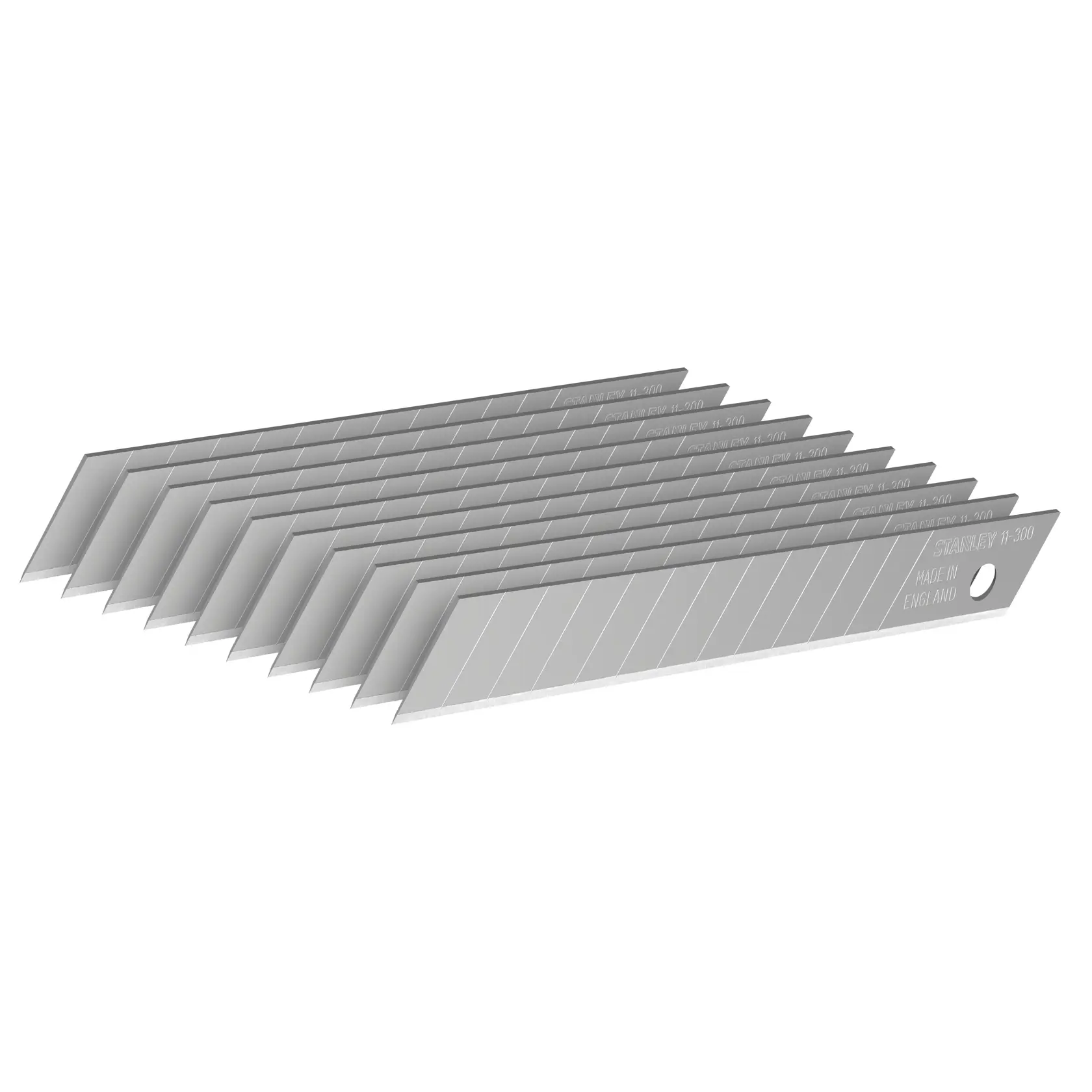 STANLEY 0-11-300 set di lame a rottura per cutter, colore argento, vista laterale su sfondo bianco.