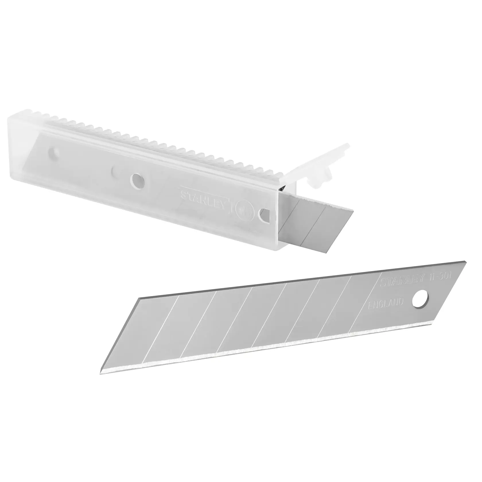 STANLEY 0-11-301 lame a spezzare con bordi segmentati in custodia trasparente, fotografia prodotto, vista frontale.