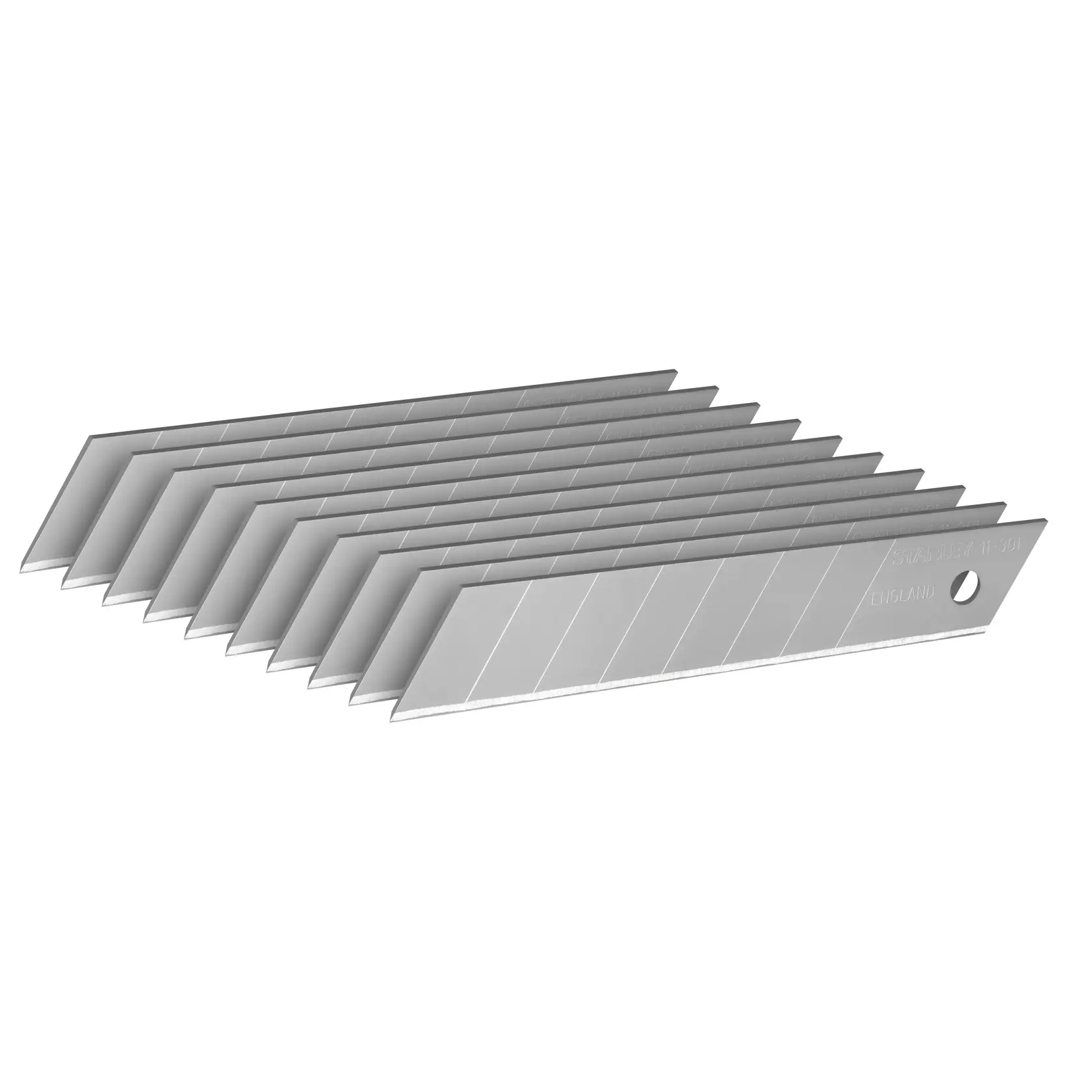 STANLEY 0-11-301 lame a spezzare, colore argento, set da dieci, vista angolata su sfondo bianco.