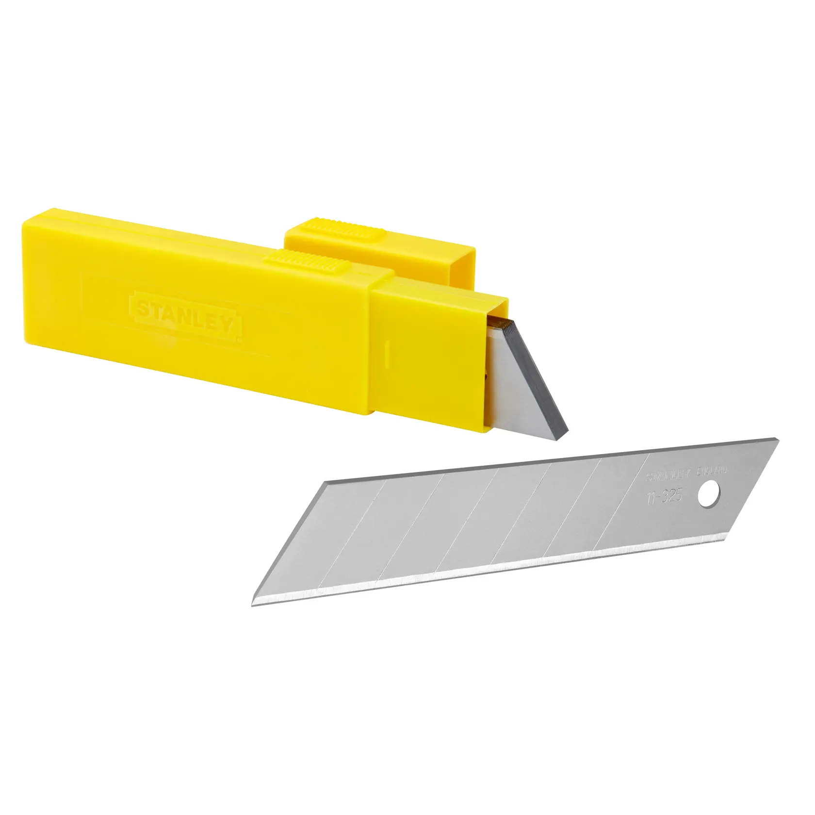 Lama per cutter STANLEY 0-11-325 con dispenser in plastica gialla, vista laterale su sfondo bianco.