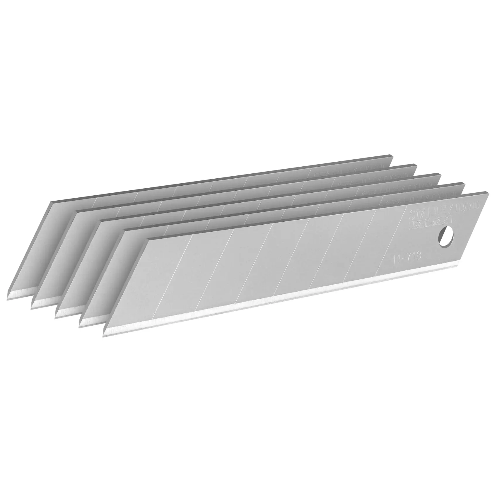 STANLEY 0-11-718 lame per taglierino a spezzare, argento, confezione da 5, vista laterale su sfondo bianco.