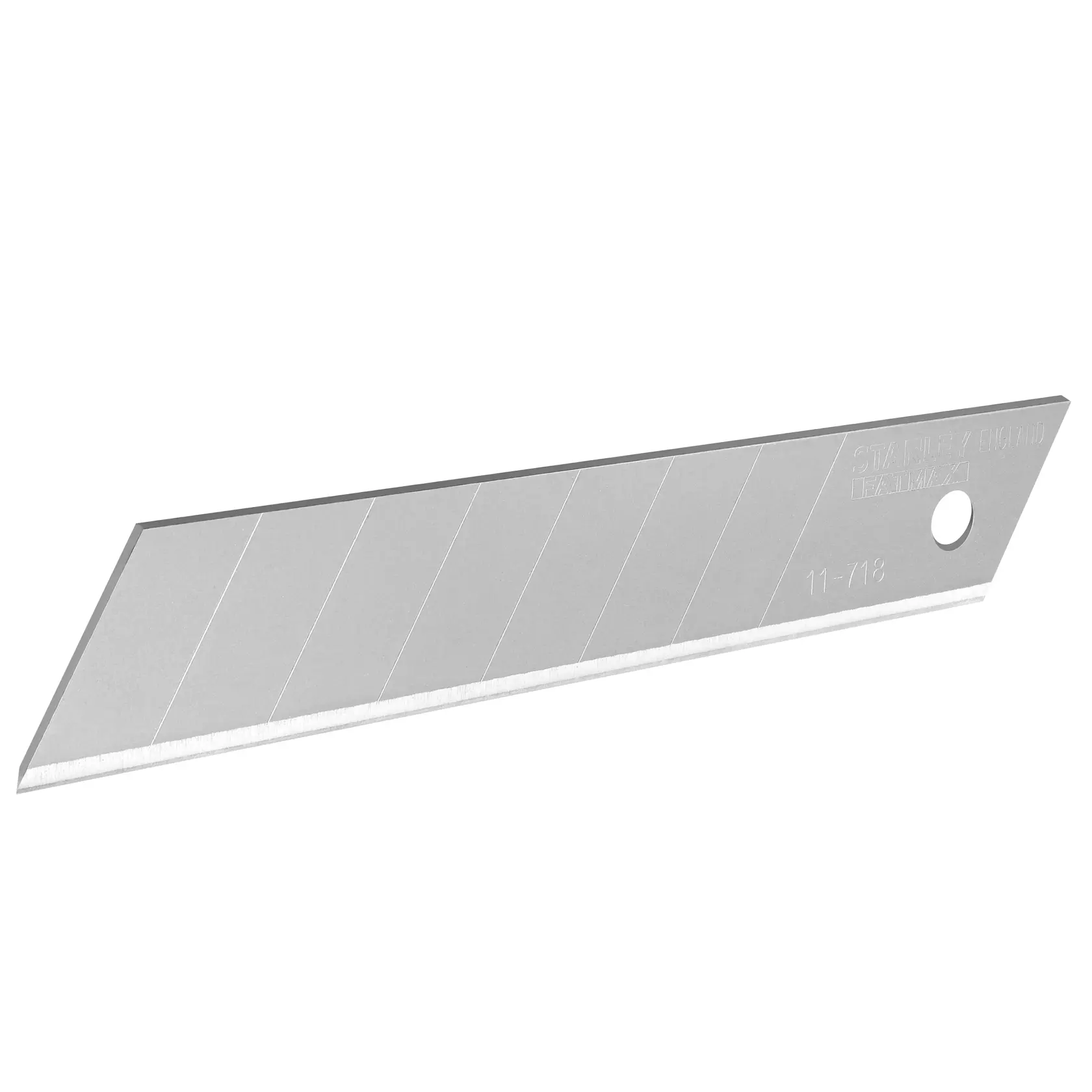 STANLEY 0-11-718 lama segmentata per cutter, metallo argentato, inquadratura laterale su sfondo bianco.