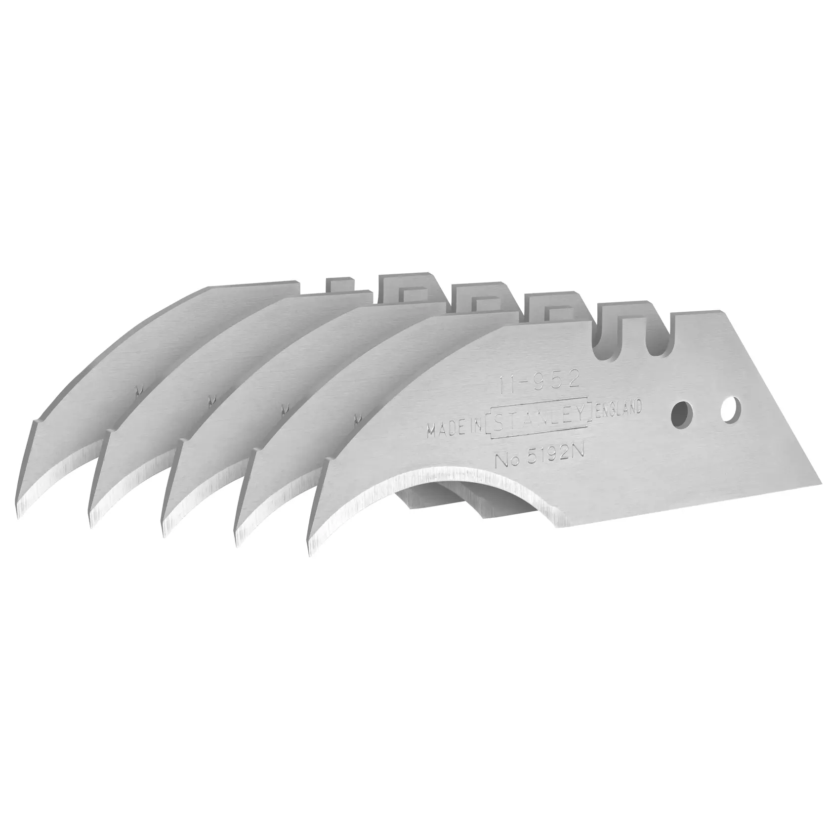 Lame curve per taglierino STANLEY 0-11-952, set da cinque, argento, vista angolata, su sfondo bianco.