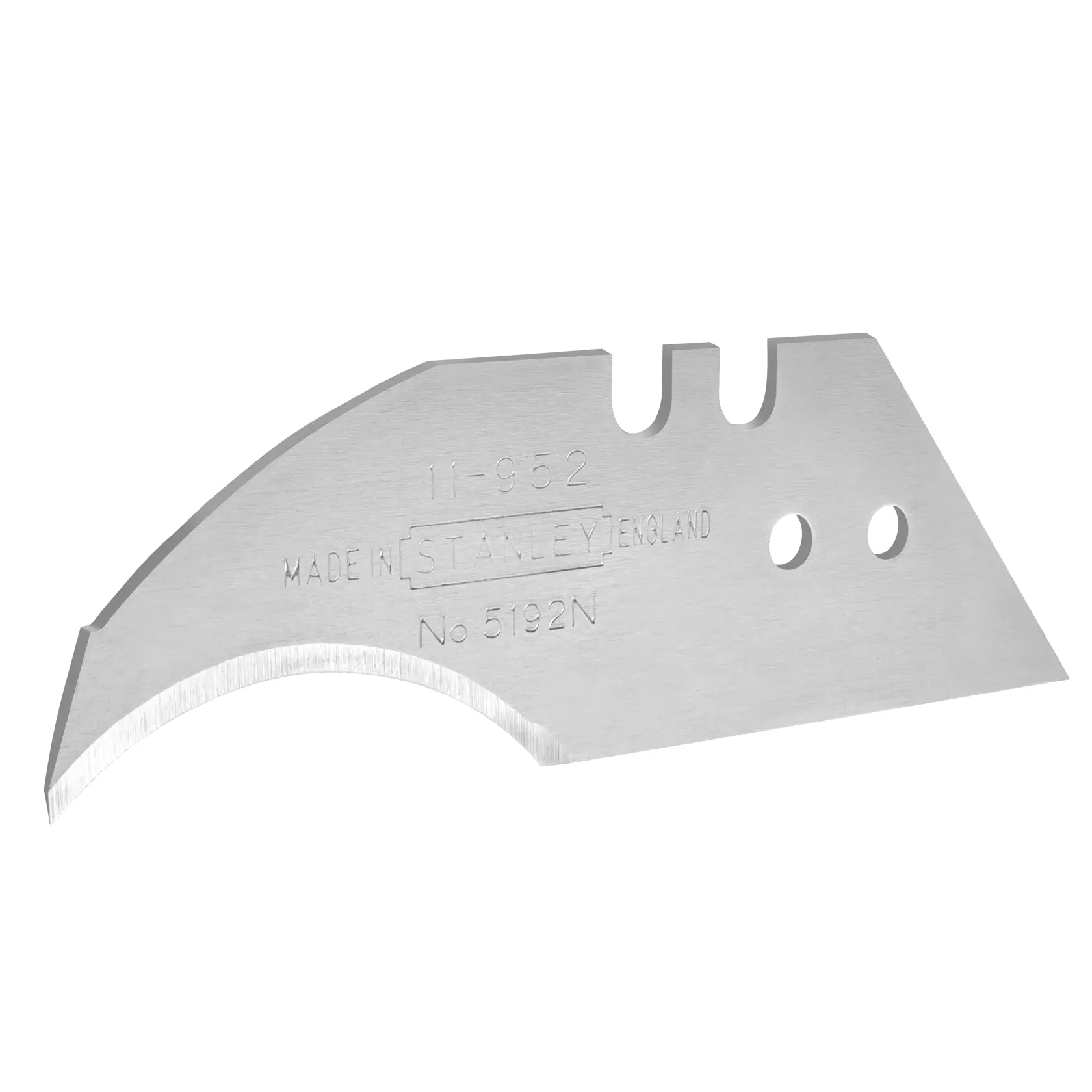 Lama curva per cutter STANLEY 0-11-952, metallo argentato, in primo piano su sfondo bianco.