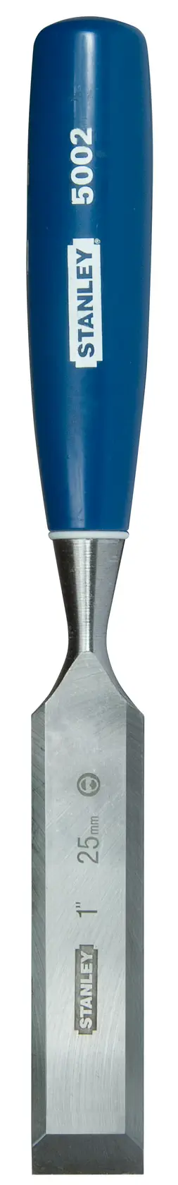 Scalpello da falegname STANLEY 0-16-551 con manico blu, prodotto rivolto verso l'alto, sfondo bianco.