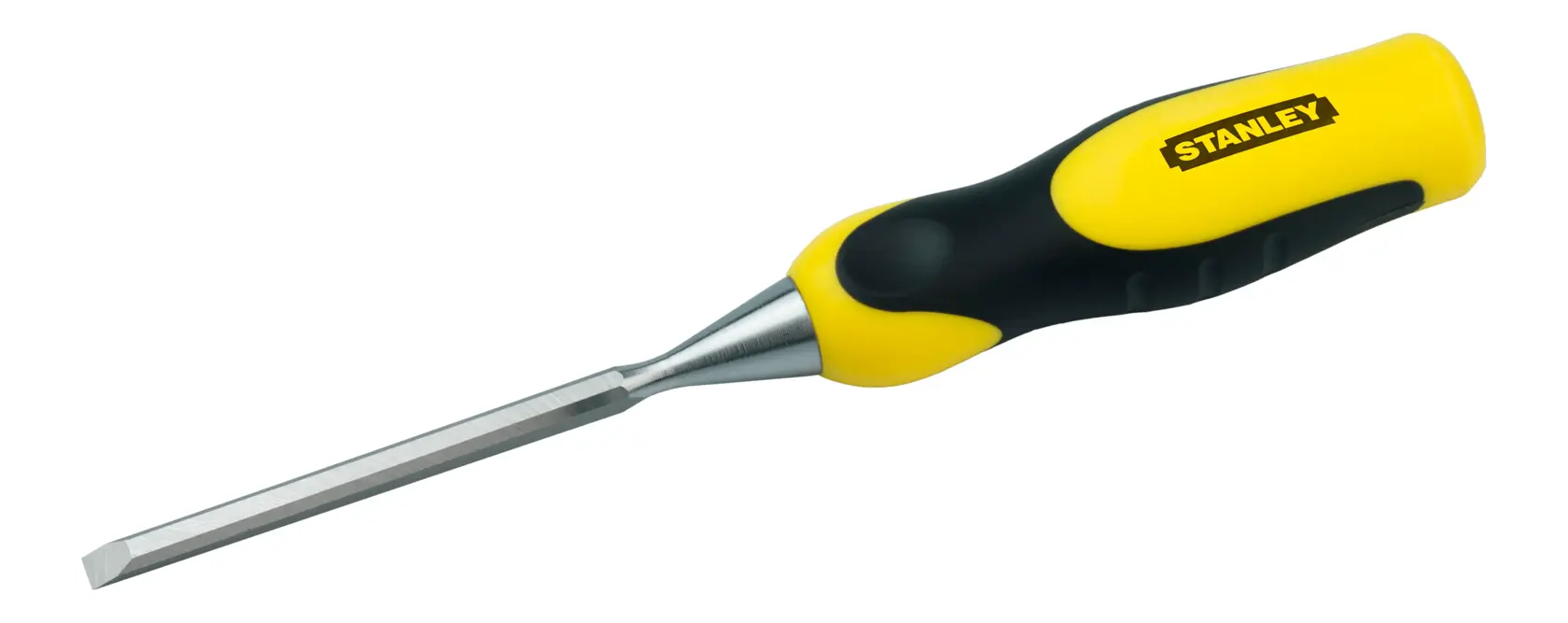 Uno scalpello per legno Stanley con manico ergonomico giallo e nero e lama in metallo affilata, posizionato su sfondo bianco.