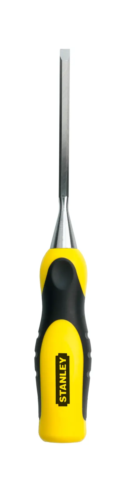 Foto dello scalpello STANLEY 0-16-870 con manico ergonomico giallo e nero, vista frontale su sfondo bianco.