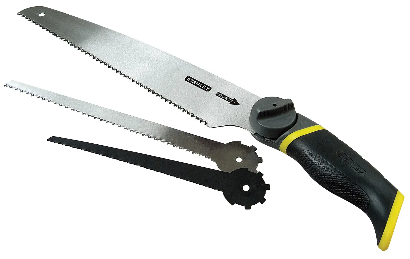 STANLEY 0-20-092 sega manuale con manico ergonomico nero e giallo e due lame intercambiabili, vista laterale prodotto.