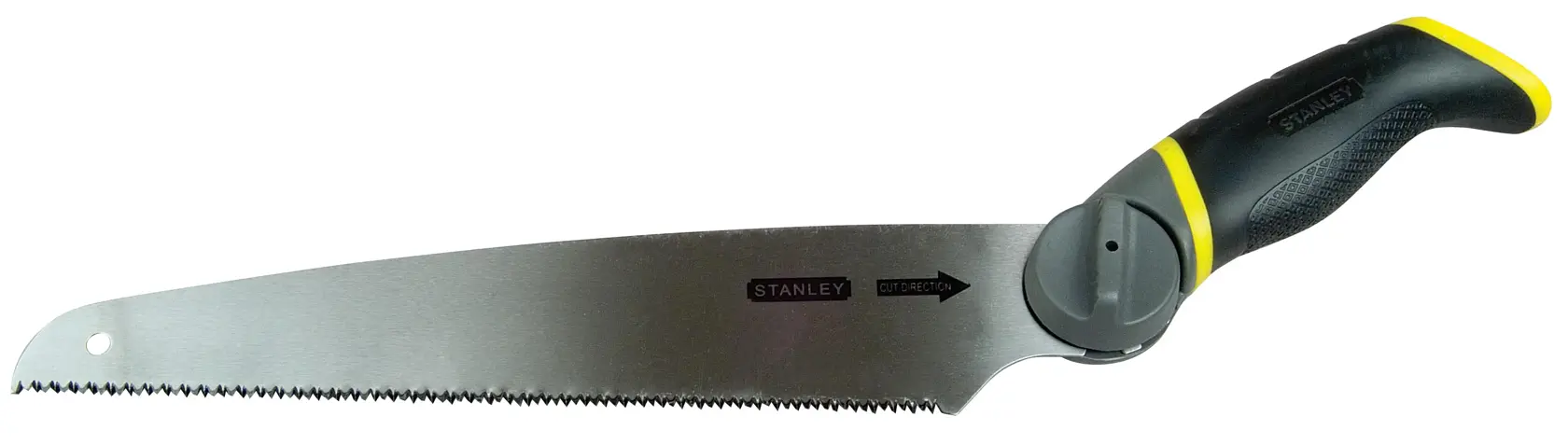 STANLEY 0-20-092 segaccio manuale con manico ergonomico nero e giallo, vista laterale su sfondo bianco.