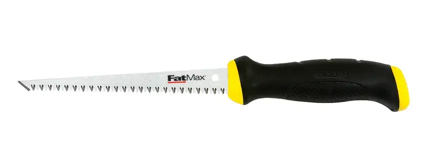 Seghetto per cartongesso STANLEY 0-20-556 con manico ergonomico nero e giallo, vista laterale su sfondo bianco.