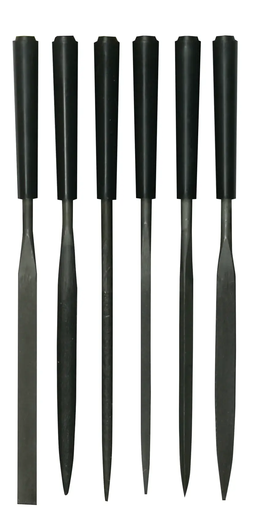 STANLEY 0-22-500 set di sei lime in metallo con manici neri, vista frontale su sfondo bianco.