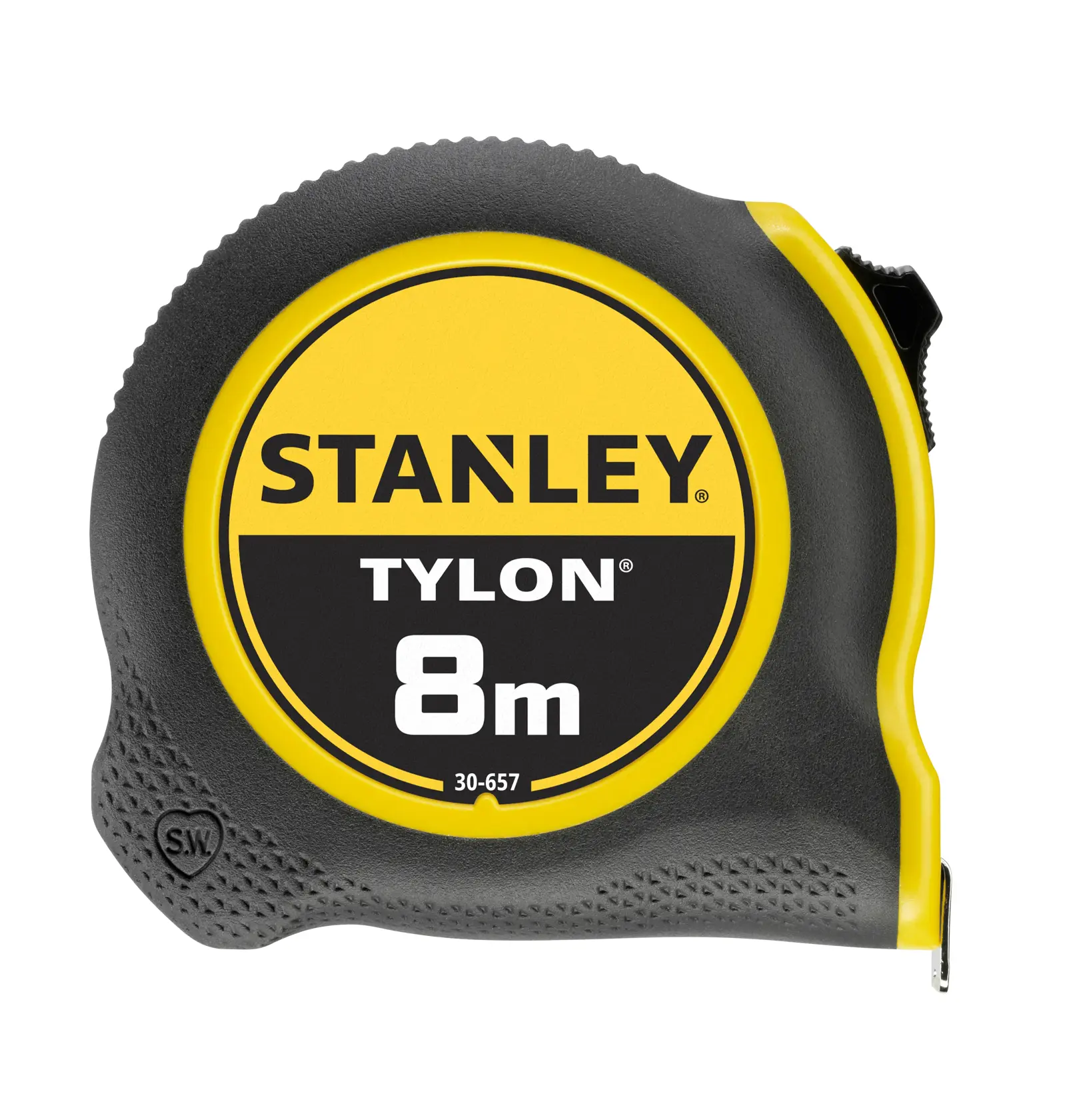 STANLEY 0-30-657 metro a nastro, 8m, nero e giallo, vista frontale su sfondo bianco.