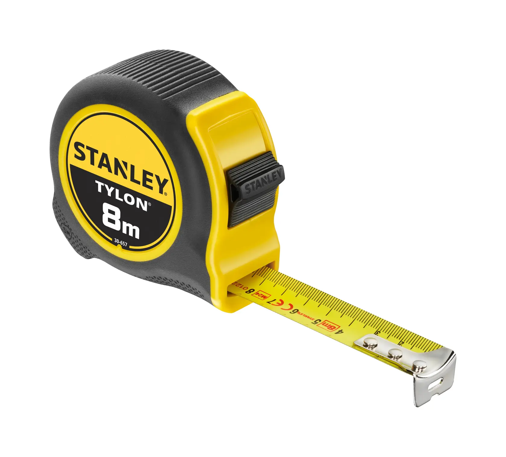 STANLEY 0-30-657 metro a nastro, 8m, giallo e nero, vista laterale su sfondo bianco.