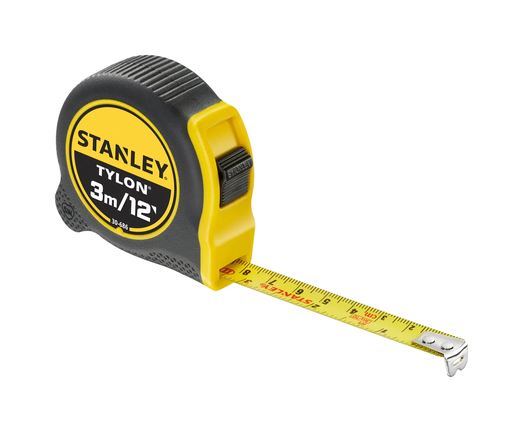 Metro a nastro STANLEY 0-30-686, nero e giallo, 3m/12ft, vista laterale con lama gialla estesa.