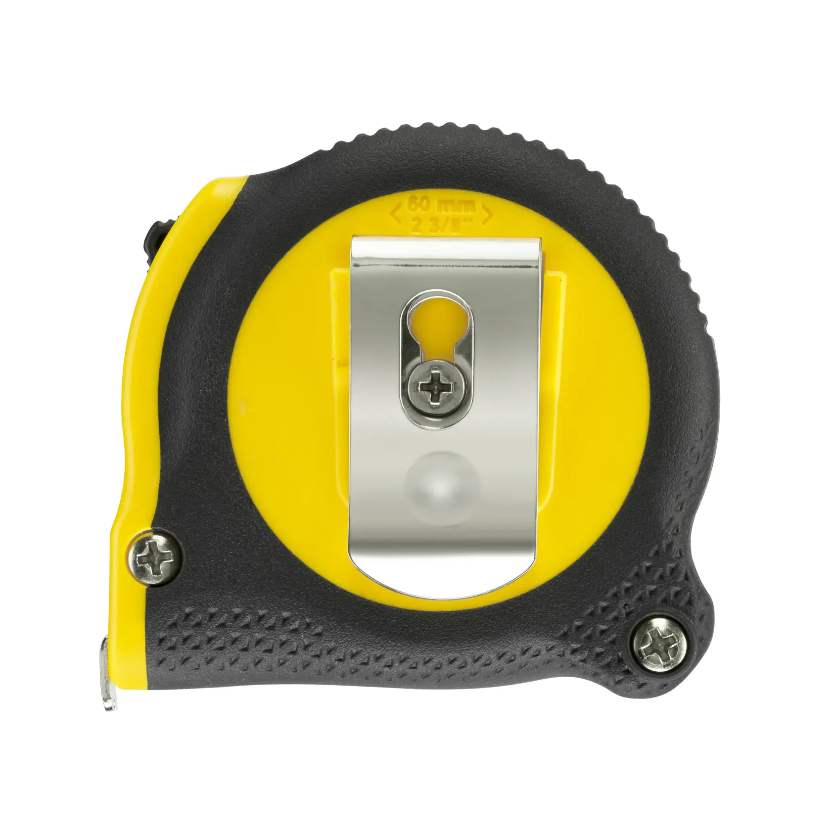 STANLEY 0-30-686 metro a nastro, giallo e nero, vista posteriore con clip da cintura, su sfondo bianco.