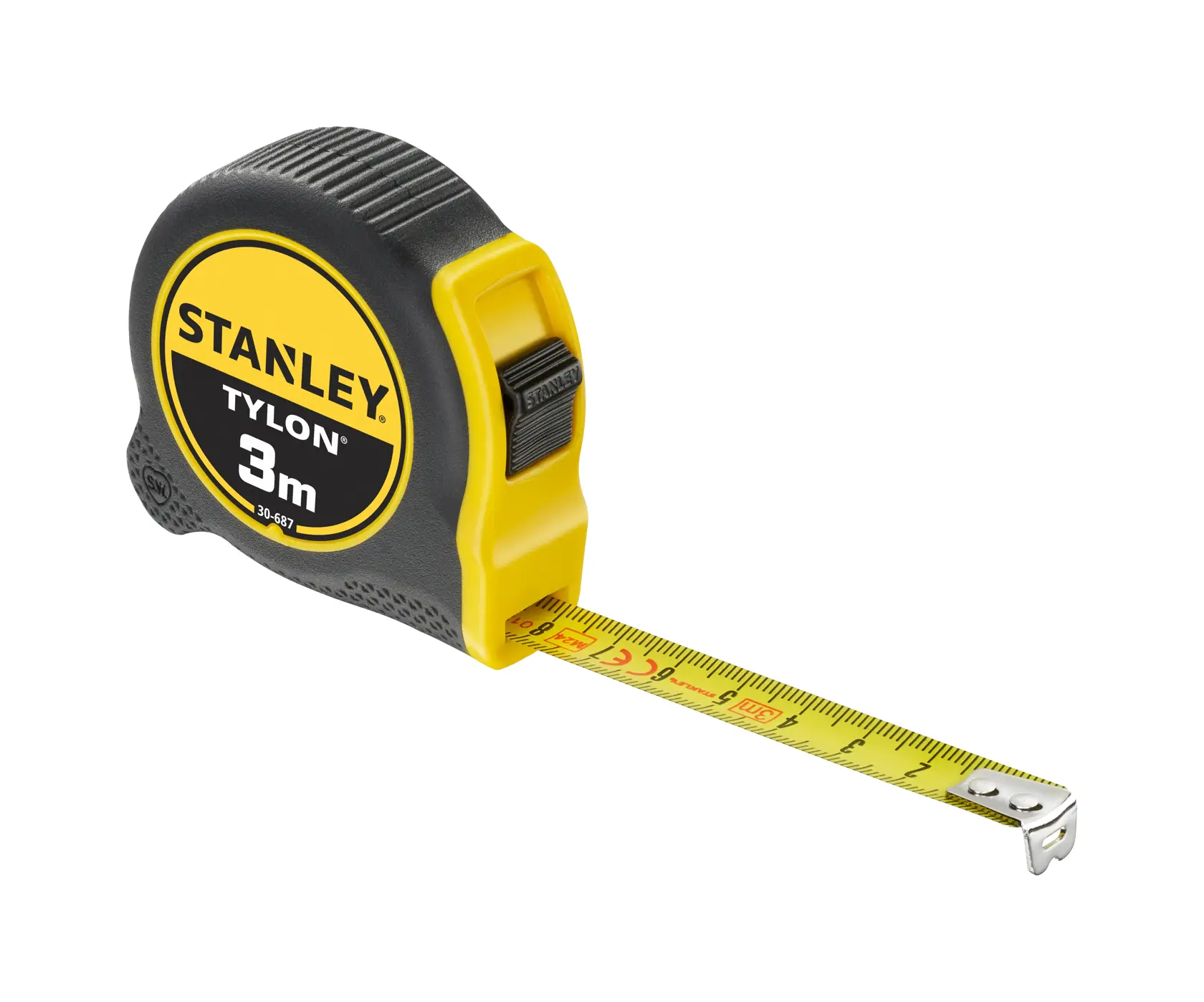 Foto del STANLEY 0-30-687 Tylon metro a nastro 3m, nero e giallo, angolo laterale su sfondo bianco.